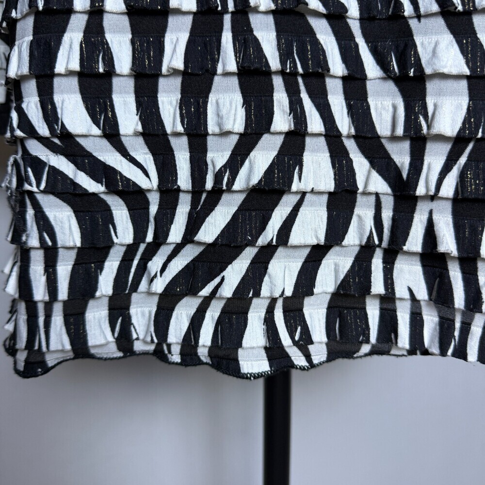 Investments Women's Ruffle Zebra Print Blouse Sz L Black White Gold 3/4 Sleeves - Picture 6 of 14